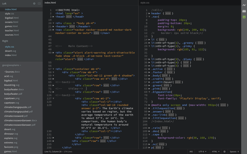 Image showing some of my Index.html code and Style.css code in Brackets.
