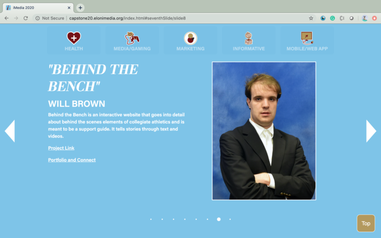 Image of an individual student page with blue background on the iMedia Exhibition Website 2020.